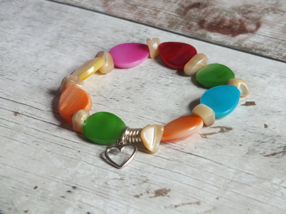 Shell Bracelet Multi Colour Beads, Gift for her.