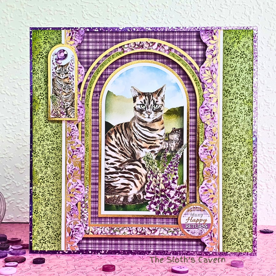 Handmade birthday card with a cat, Many Happy Returns, lilac - purple tartan