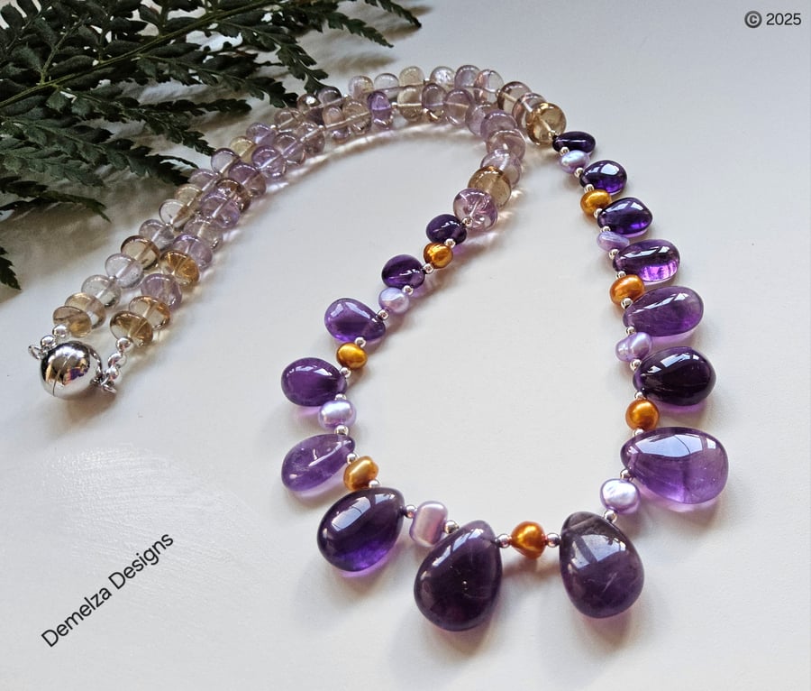 Designer Amethyst, Ametrine & Freshwater Culture Pearl Sterling Silver Necklace 