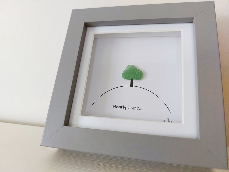 Nearly Home Tree - Grey Framed Sea Glass Art Picture