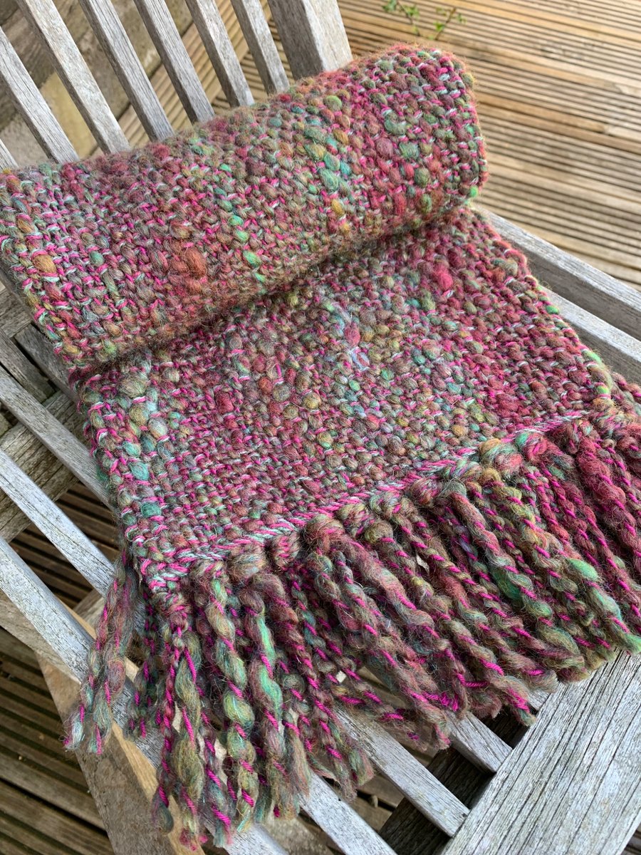 Hand woven art yarn scarf in green and purple