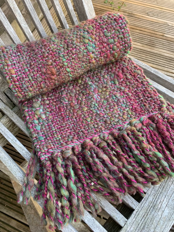 Hand woven art yarn scarf in green and purple