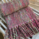 Hand woven art yarn scarf in green and purple