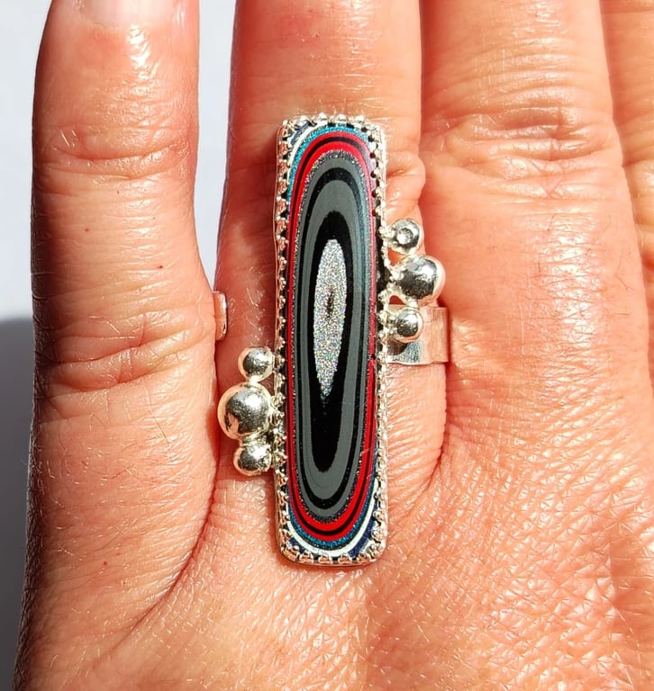 Silver Ring Fordite Jewellery Gift Adjustable Rectangle Black Red Sterling .925