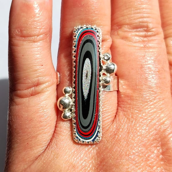 Silver Ring Fordite Jewellery Gift Adjustable Rectangle Black Red Sterling .925