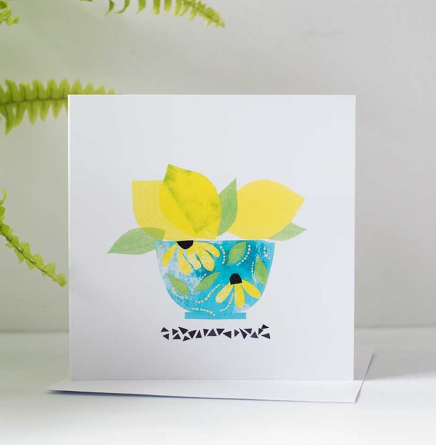 Lovely Lemons in a blue floral bowl  - Blank Greetings Card
