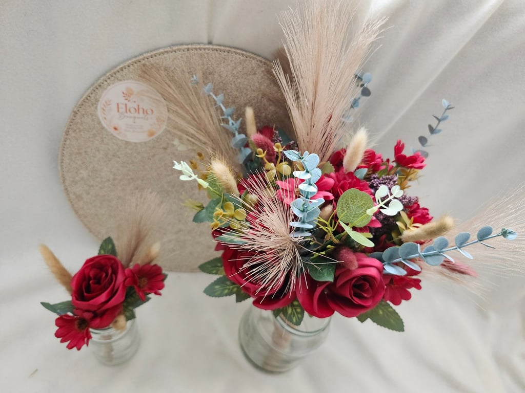 Ruby Red Brides Bouquet and Grooms Buttonhole 