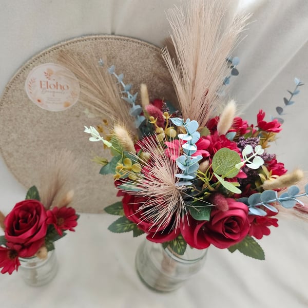 Ruby Red Brides Bouquet and Grooms Buttonhole 