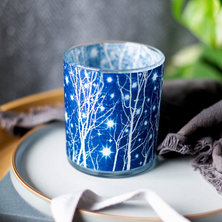 Starry Night Cyanotype Tea light holder, Valentine gift 