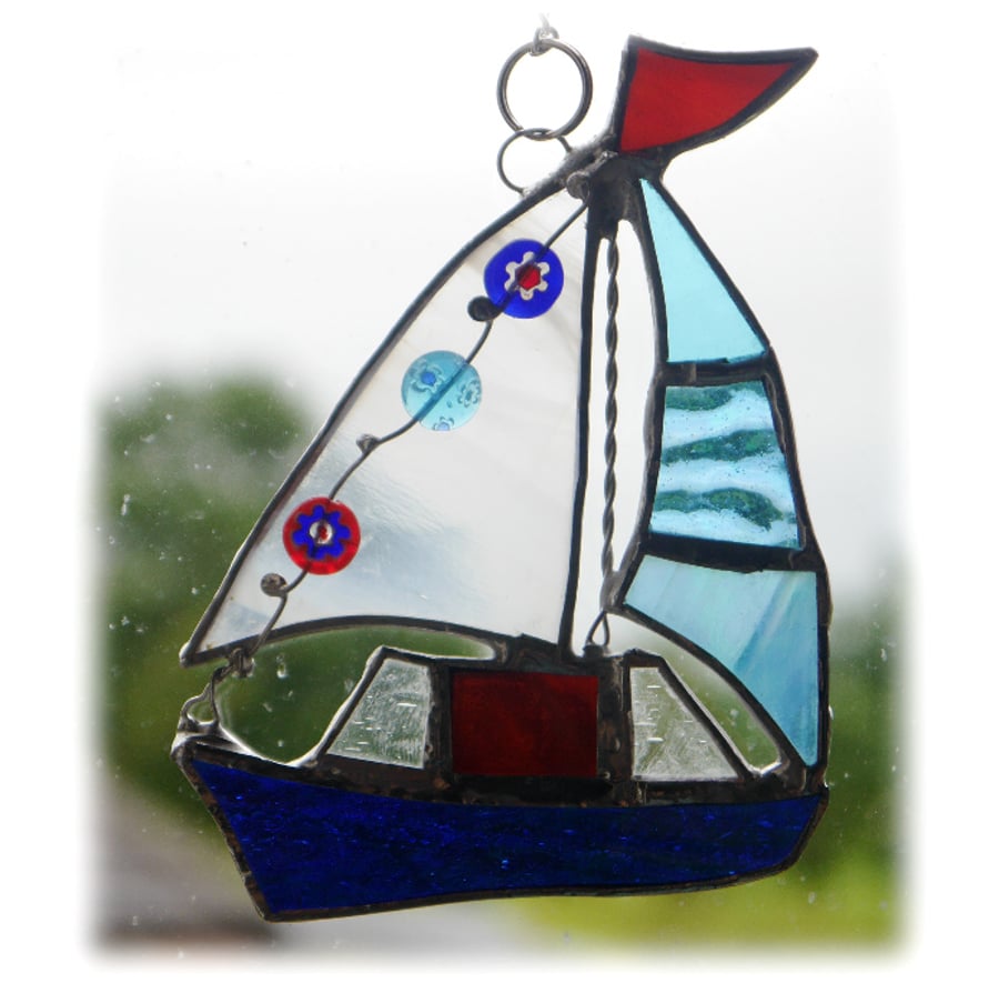 Boat Suncatcher Stained Glass Sailboat Yacht 050 Blue