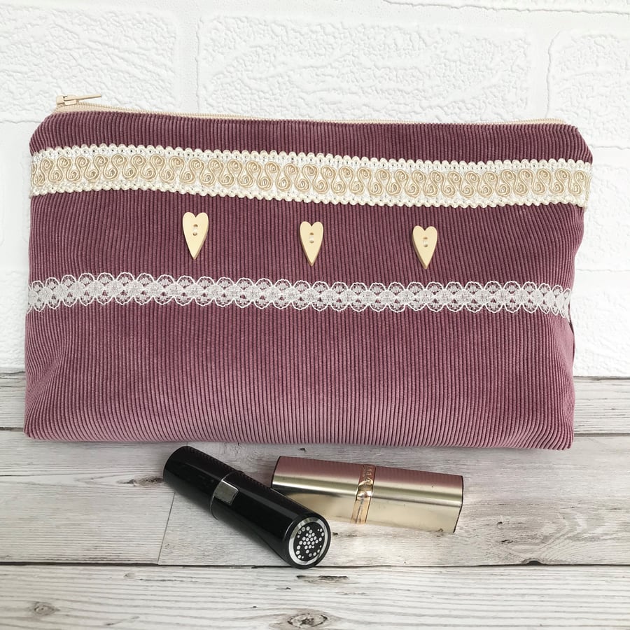 Large purple cosmetic bag, make up bag with braid, lace and button trim