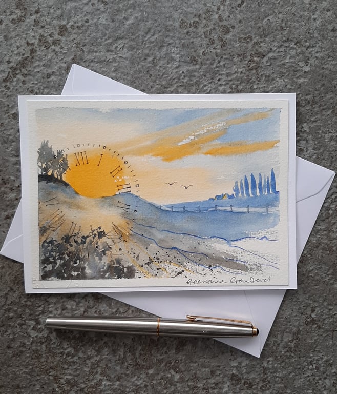 Clocks and Sunset. Handpainted Blank Card