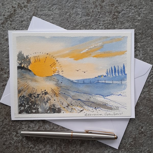 Clocks and Sunset. Handpainted Blank Card