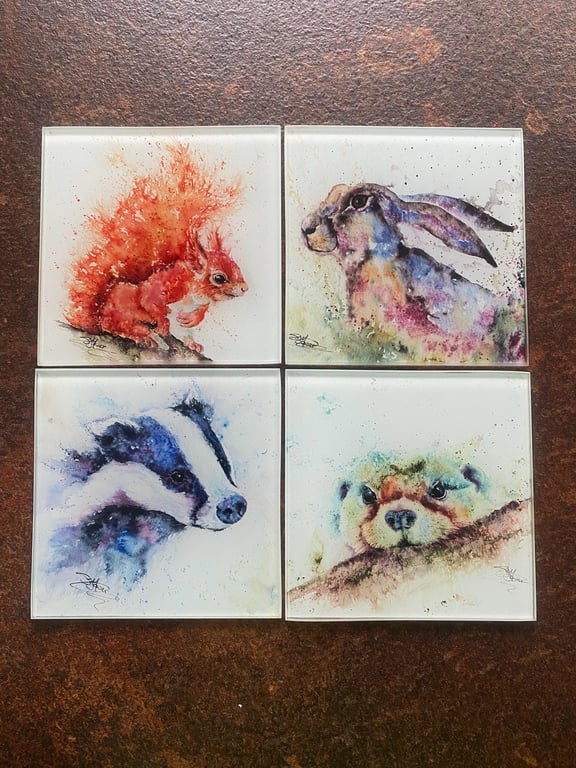 Set of 4 Glass Coasters, British Animals Set 2. Wildlife Coasters, Glass Mats, W