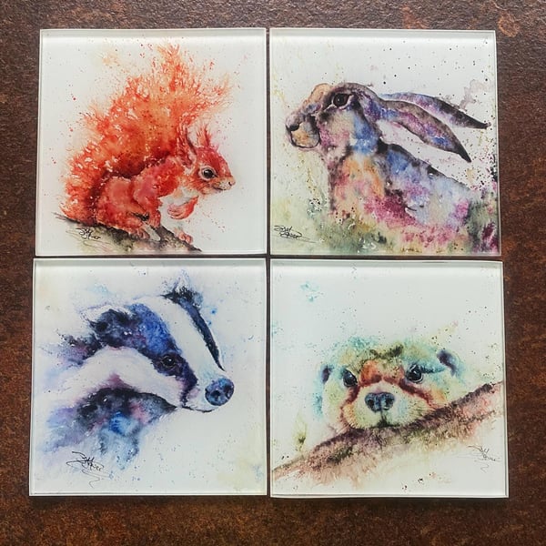 Set of 4 Glass Coasters, British Animals Set 2. Wildlife Coasters, Glass Mats, W
