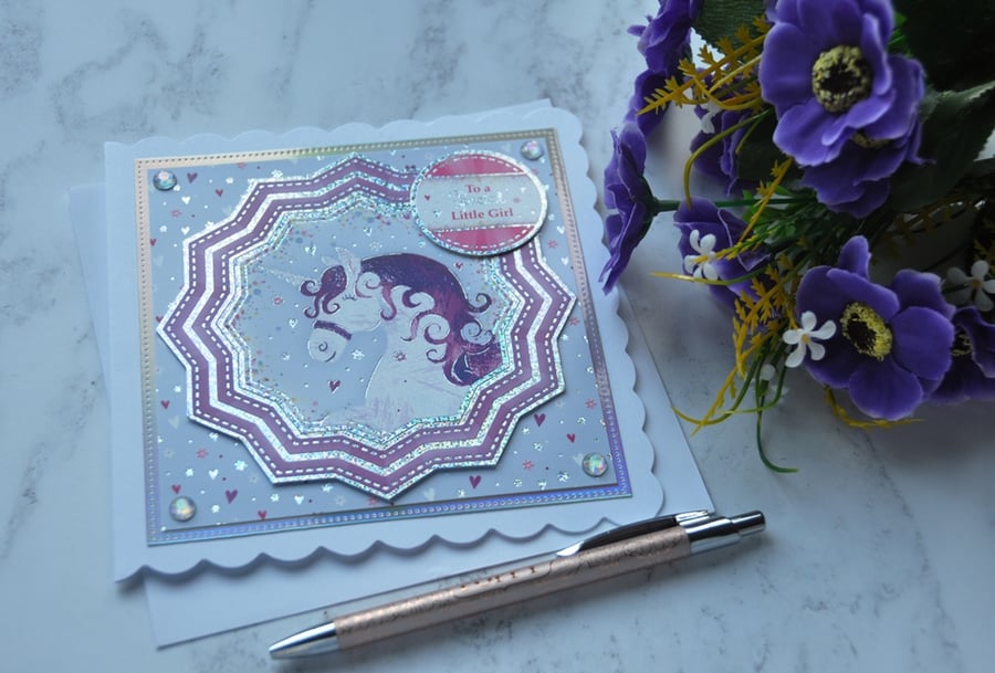 Unicorn Birthday Card To A Special Little Girl Purple Hearts 3D Luxury Handmade 