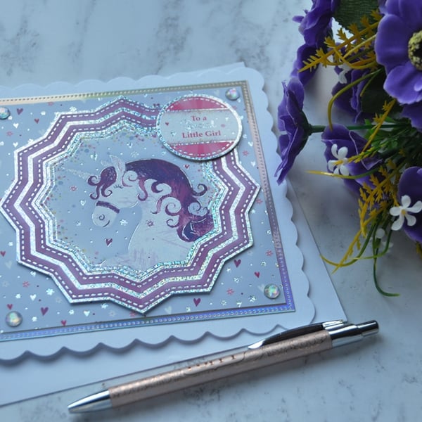 Unicorn Birthday Card To A Special Little Girl Purple Hearts 3D Luxury Handmade 