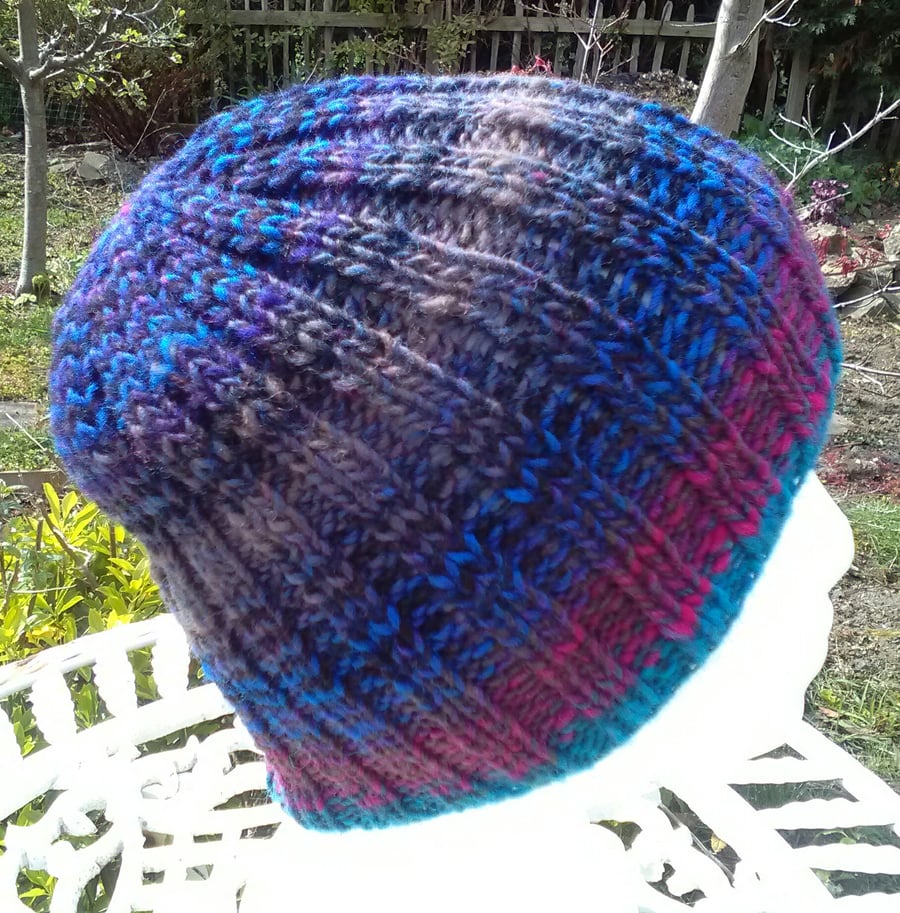 Handknit 100% Wool NORO STRIPEY RIBBED HAT Pink Black Blue SMALL MED