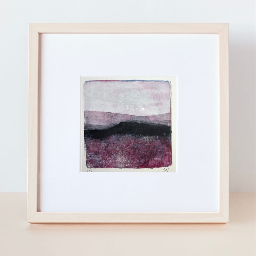 Heather Moorland landscape - unique monoprint inspired by the Peak District 