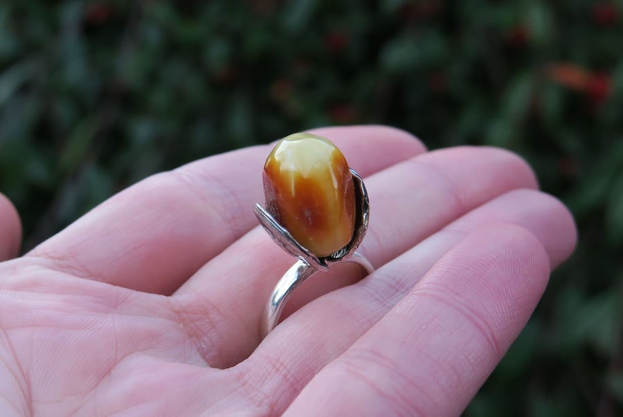 Unique Amber Ring, Adjustable Sterling Silver Ring, Statement Gemstone Ring
