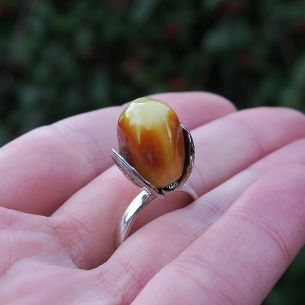 Unique Amber Ring, Adjustable Sterling Silver Ring, Statement Gemstone Ring