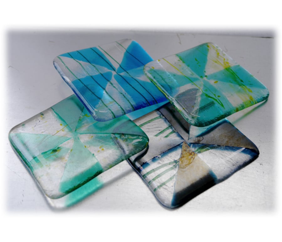 Fused Glass Coaster 8cm Aqua Turquoise Triangle design