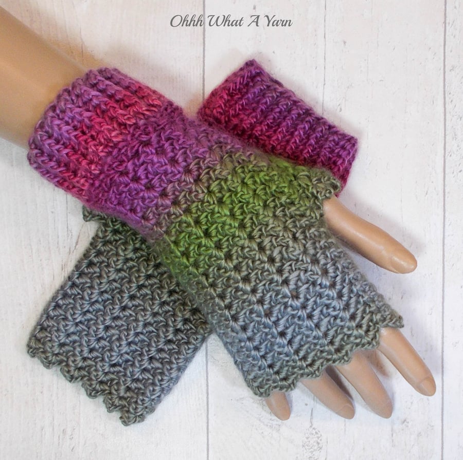 Pink and green ladies crochet gloves, finger less gloves.  Fingerless mitts. 
