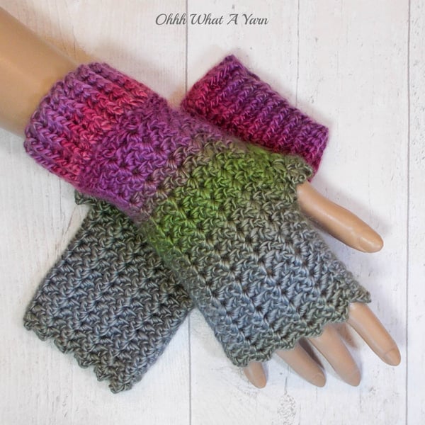 Pink and green ladies crochet gloves, finger less gloves.  Fingerless mitts. 