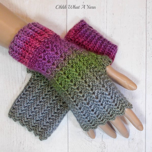 Crochet gloves. Pink and green ladies finger less gloves.  Fingerless mitts. 