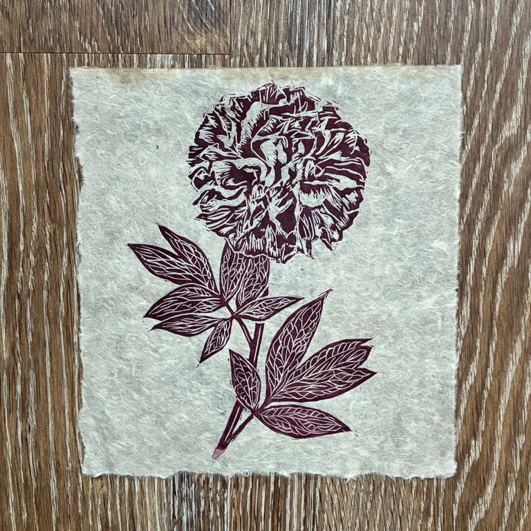 PERFECTLY IMPERFECT Deep red peony original linocut print