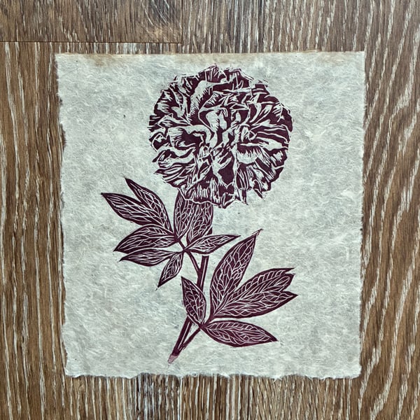 PERFECTLY IMPERFECT Deep red peony original linocut print
