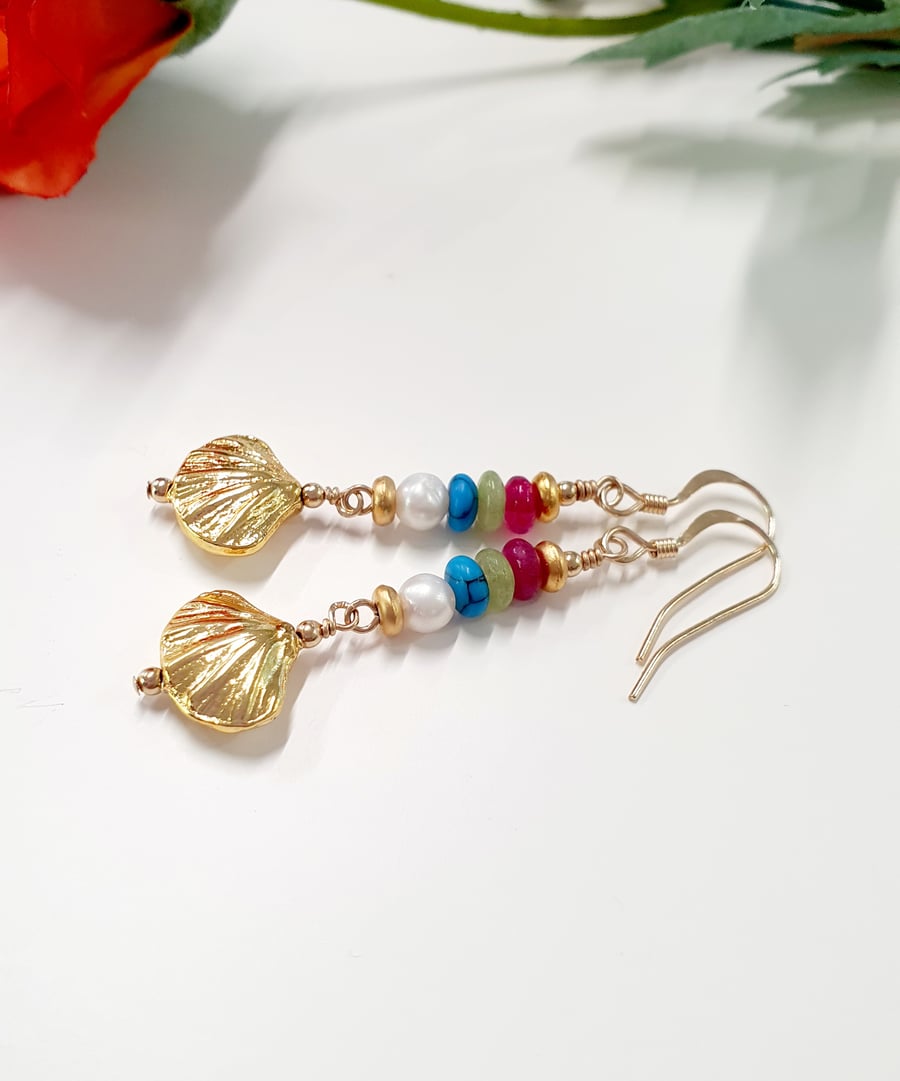 Designer Mixed Quartz and Freshwater Pearl Clamshell Earrings in Gold