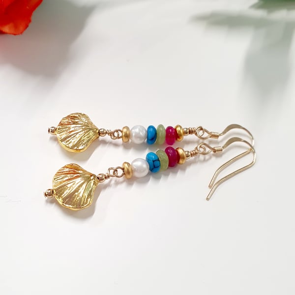 Designer Mixed Quartz and Freshwater Pearl Clamshell Earrings in Gold