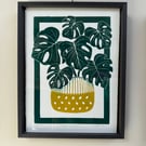 Potted Monstera Linocut Print