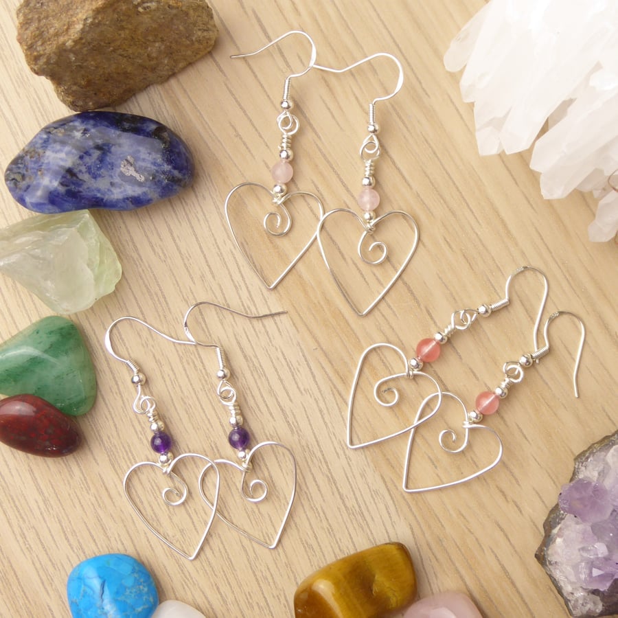 Wire Heart and Crystal Earrings, Rose Quartz Cherry Quartz Amethyst Dangles