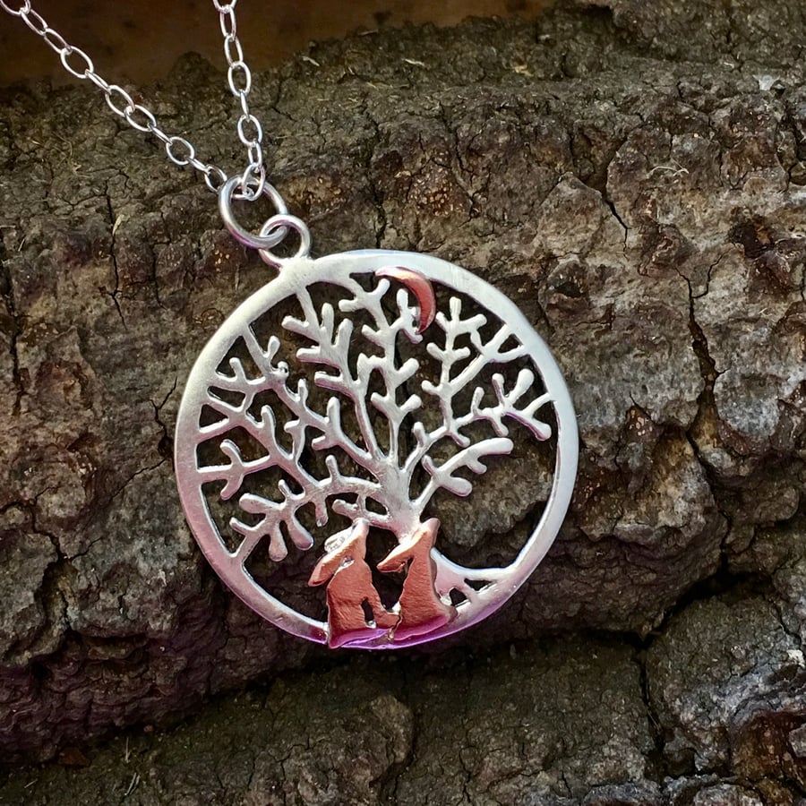 Two Bunnies Under the Moon Silver Tree of Life Necklace, Pendant.