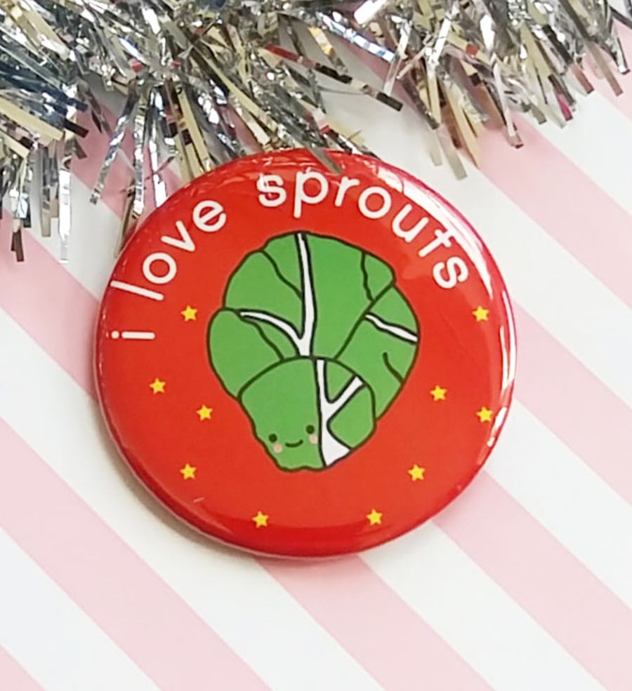  i love sprouts christmas badge, funny christmas pin badge, brussels sprouts