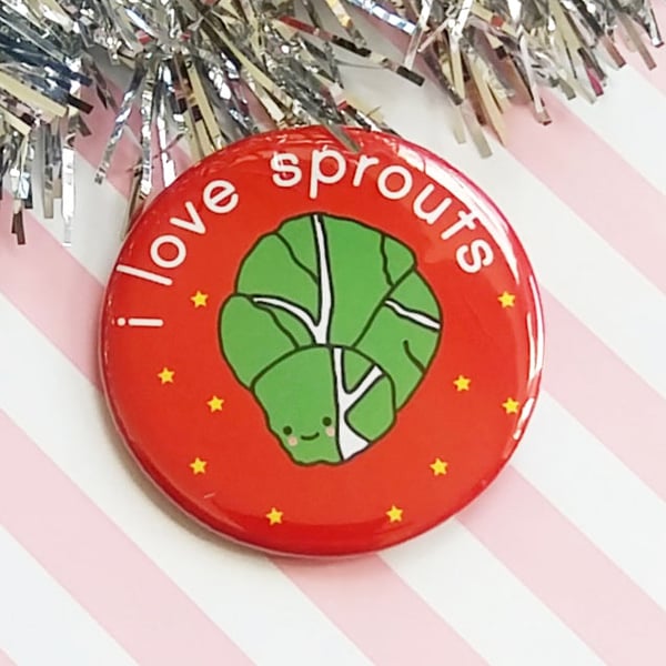  i love sprouts christmas badge, funny christmas pin badge, brussels sprouts