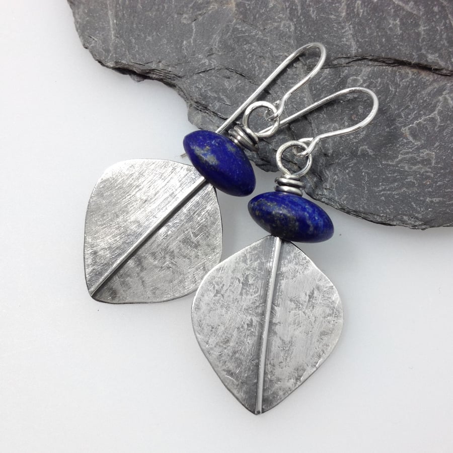Large silver and lapis lazuli leaf spear earrings