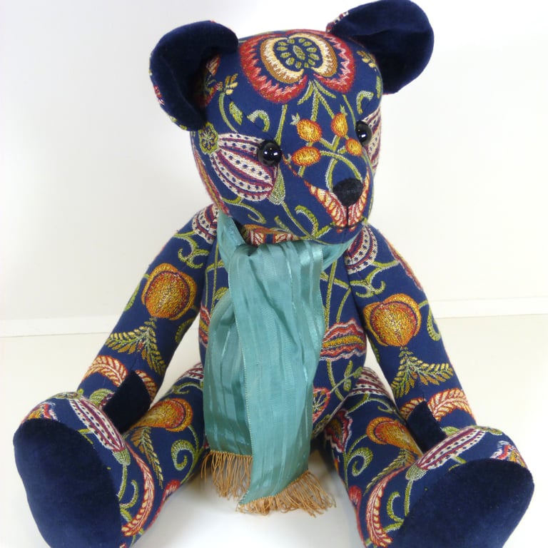 'Mr. Morris' bear, 20" collectable traditionally jointed, vintage fabric scarf. 