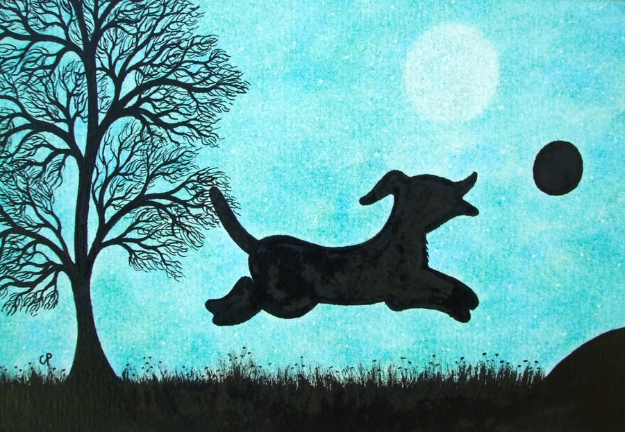 Dog Card, Moon Tree, Dog and Ball Silhouette Art Card, Kids Card, Black Puppy