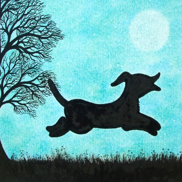 Dog Card, Moon Tree, Dog and Ball Silhouette Art Card, Kids Card, Black Puppy