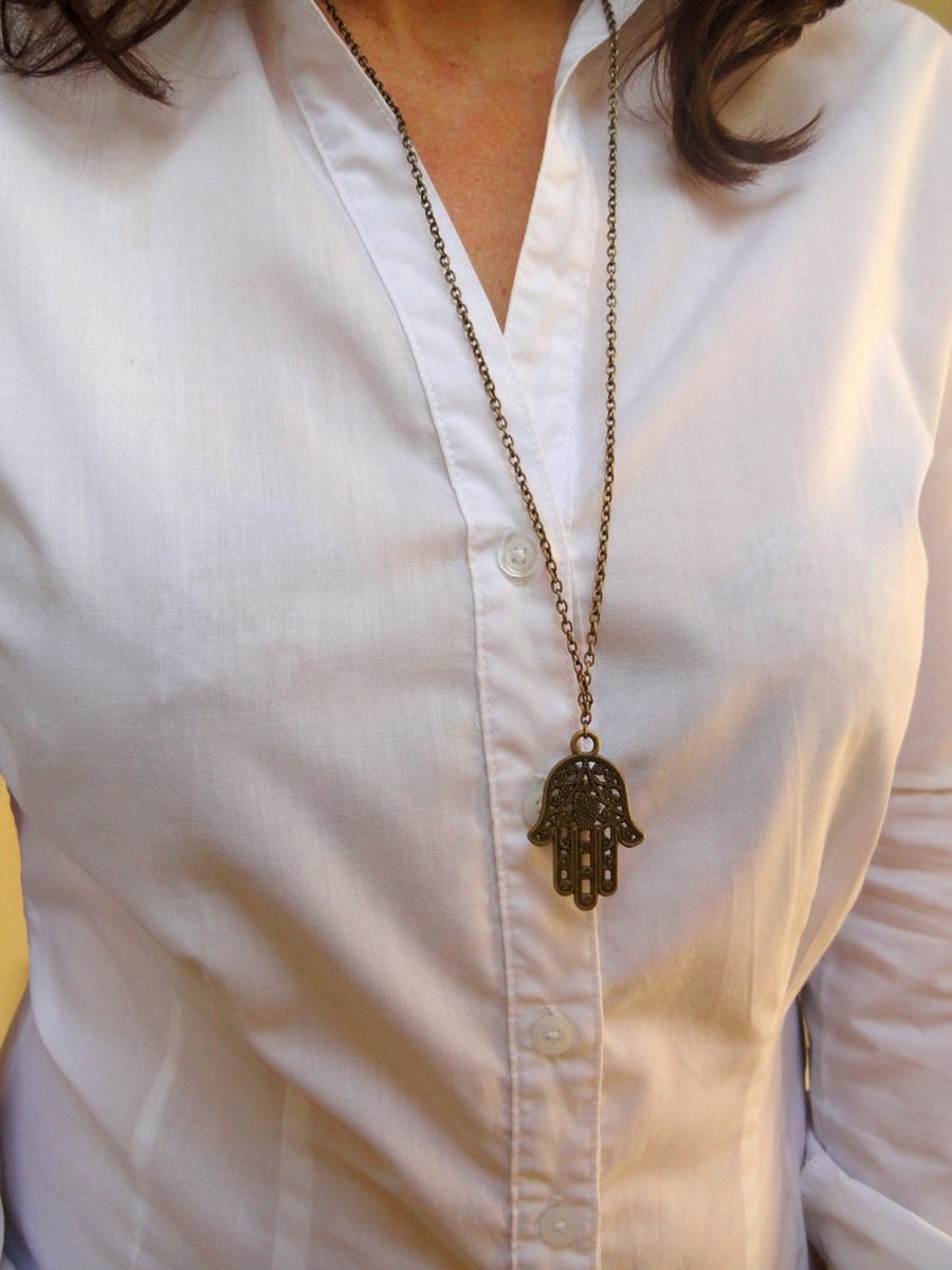 Long bronze hamsa necklace