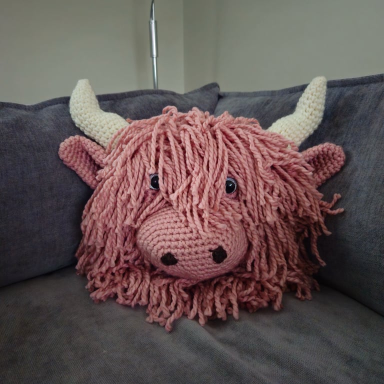 Pink Highland Coo Crochet Cushion 