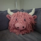 Pink Highland Coo Crochet Cushion 