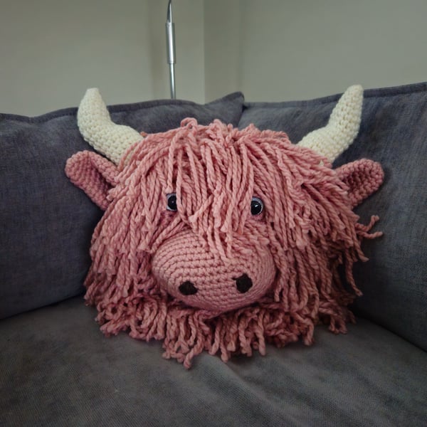 Pink Highland Coo Crochet Cushion 
