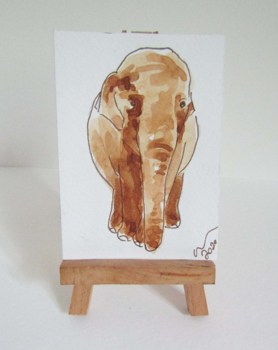 ACEO Art Posing Elephant Original Watercolour & Ink Painting OOAK