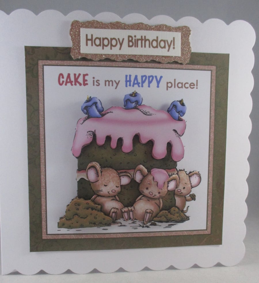 Cute Mice eating chocolate cake ,3D, Decoupage,Personalise