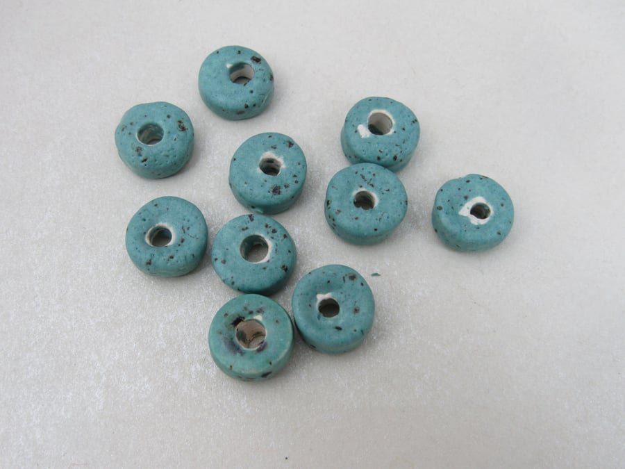 10 Small Eggshell Blue Glazed Ceramic Washer Beads