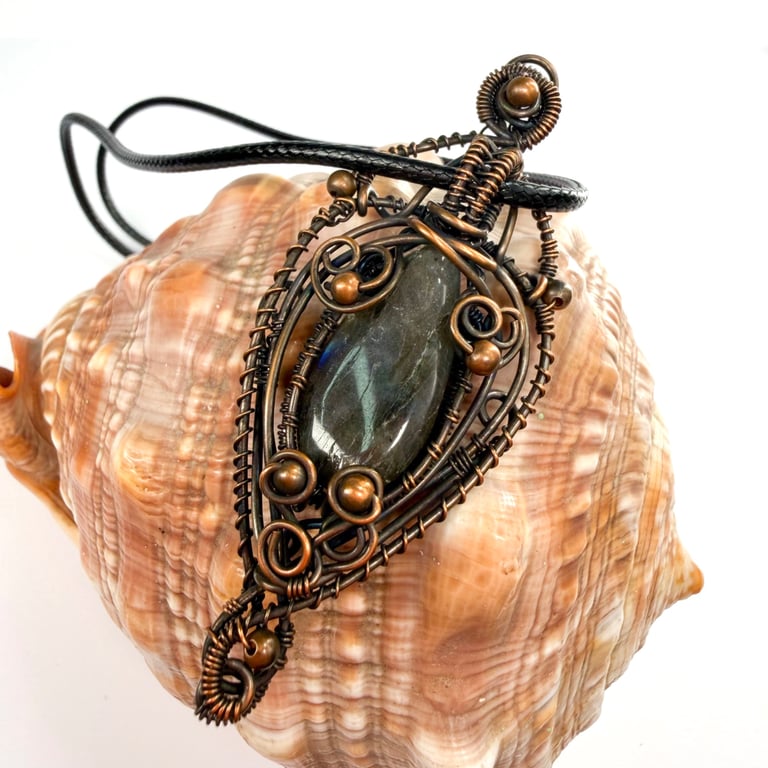Love Tokens: Copper Wire Wrapped Labradorite Pendant On Waxed Cord Necklace
